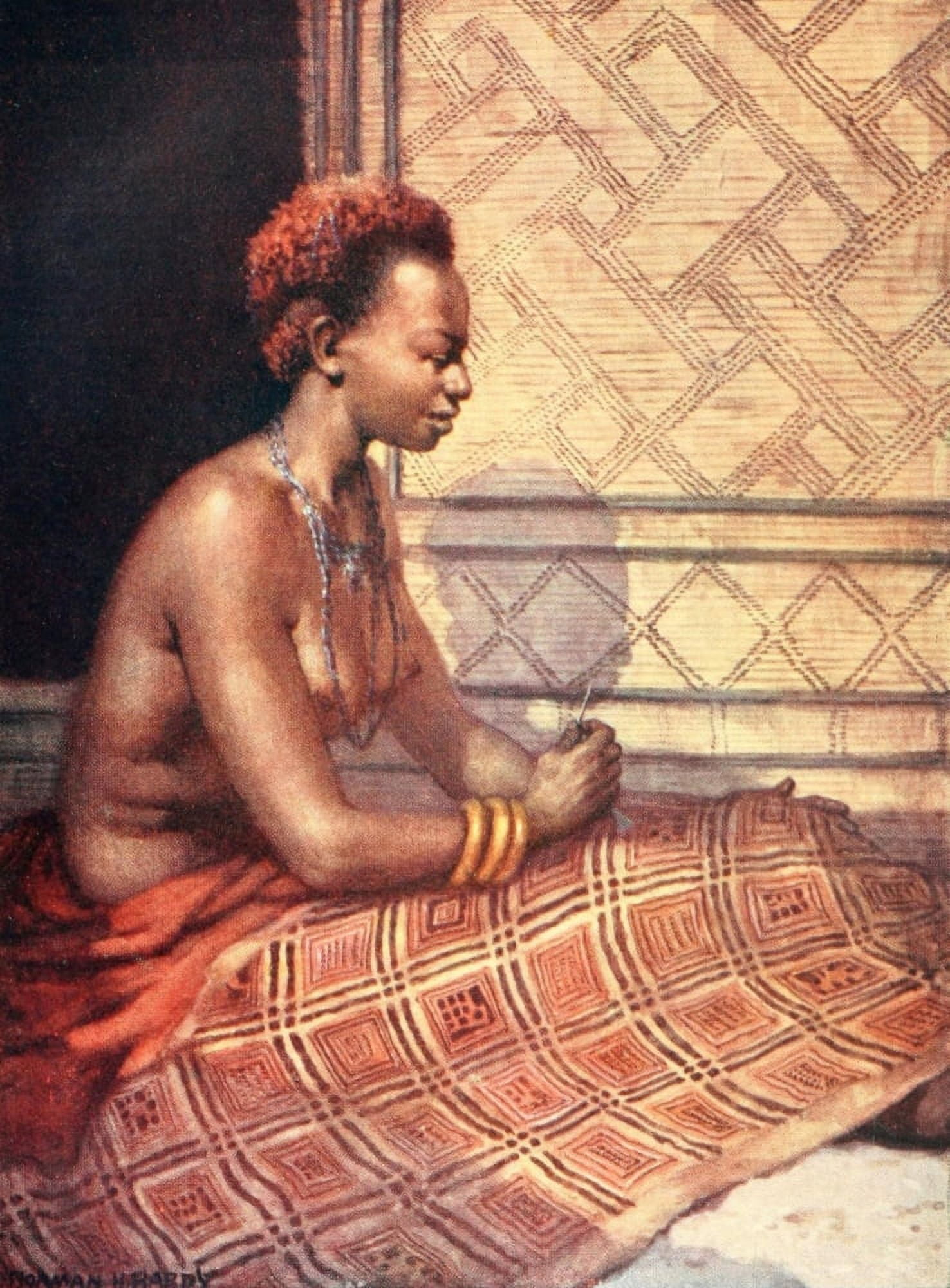 Land & Peoples of the Kasai 1912 Embroidering the raphia cloth Canvas Art - Norman H Hardy (18 x 24)