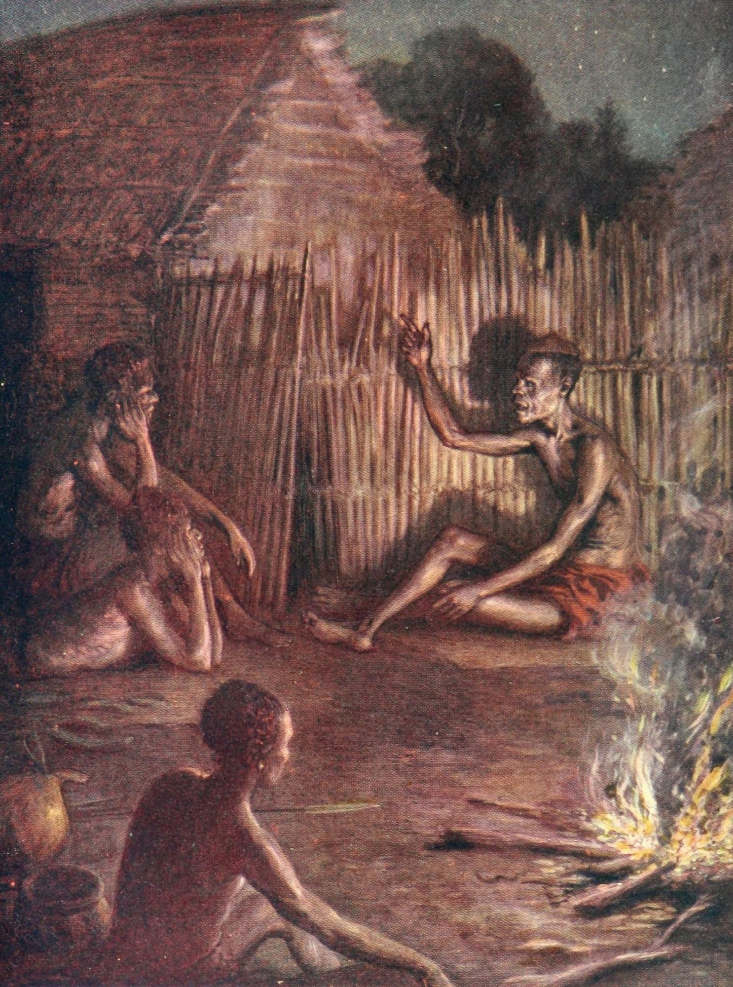 Land & Peoples of the Kasai 1912 The old Bilumbu relating legends of his tribe Canvas Art - Norman H Hardy (18 x 24)