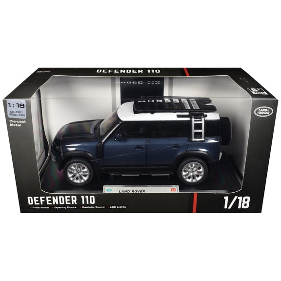 Land Rover Defender 110 Blue Metallic with White Top and Roof Rack 1/18 Diecast Model Car by Heimanba