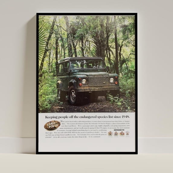 Land Rover Defender 90 Jungle Safari Poster œEndangered Species Vintage Ad, Unframed Paper Poster 16x20in