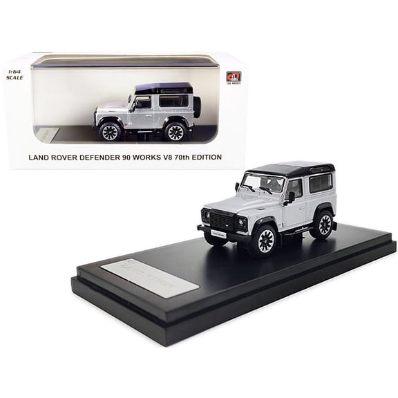 Land Rover Defender 90 Works V8 Silver Metallic with Black Top "70th Edition" 1/64 Diecast Model Car by LCD Models