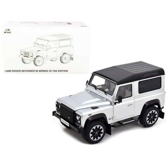 Land Rover Defender 90 Works V8 Silver Metallic with Gloss Black Top "70th Edition" 1/18 Diecast Model Car by LCD Models