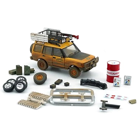 Land Rover Discovery 1 RHD (Right Hand Drive) "Camel Trophy" Yellow (Dirty Mud Version) with Roof Rack Extra Wheels and Accessories Limited Edition
