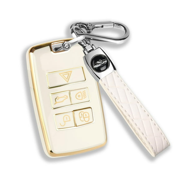 for Land Rover Key Fob Cover with KeyChain Soft TPU Gold Trim Key Case Full Protection Compatible with 2018-2023 Land Rover Range Rover Evoque Sport Vogue Discovery 5 Jaguar E I-PACE