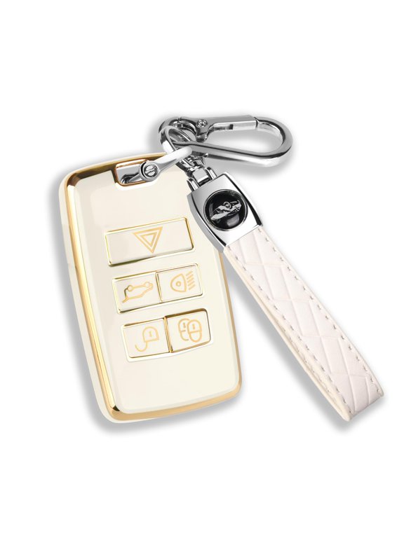 for Land Rover Key Fob Cover with KeyChain Soft TPU Gold Trim Key Case Full Protection Compatible with 2018-2023 Land Rover Range Rover Evoque Sport Vogue Discovery 5 Jaguar E I-PACE