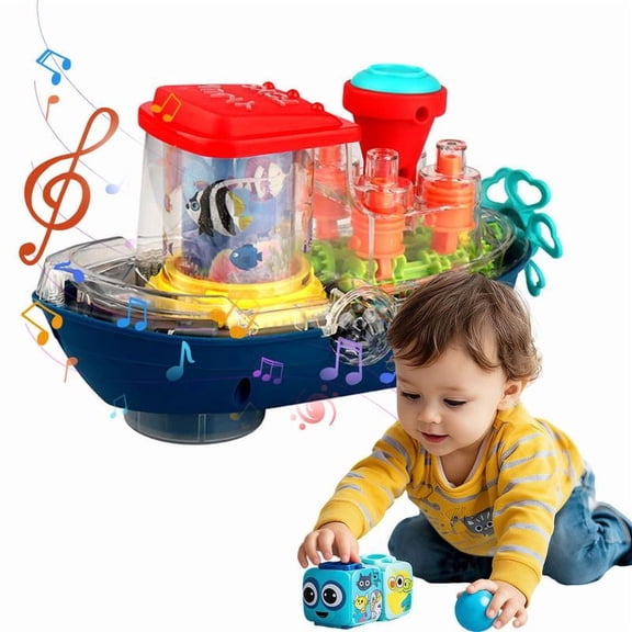 Land & Sea Sensory Boat Toy for Toddlers 2+ - Electric Transparent STEM Gear Boat with LED Lights, Music, Rotating Scroll Screen & Roaring Moving Wheels, Indoor Outdoor Educational Play Gift for Boys