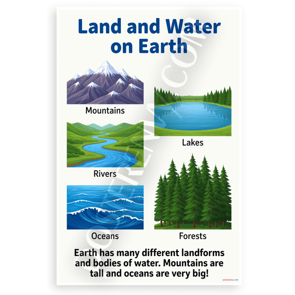 Land and Water on Earth Mountains Rivers Lakes Forests Educational 12x18 US Made Poster