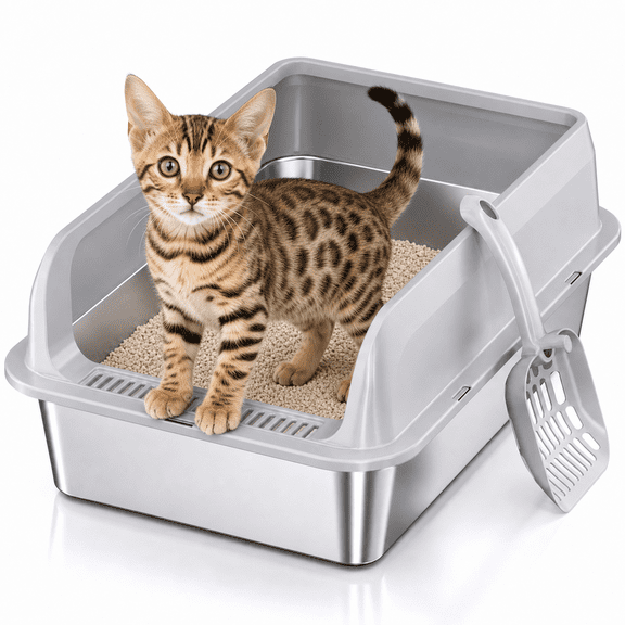 Land guard XL Stainless Steel Cat Litter Box, Odor Free High-Sided Metal Litter Box for Large Cats, Gray