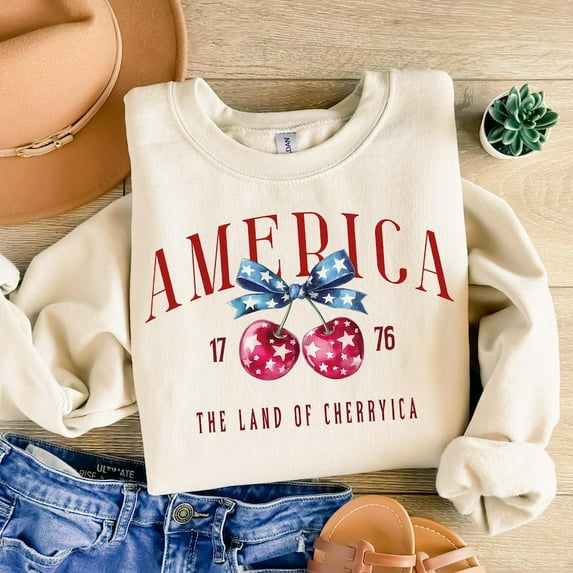 Land of Cherryica Sweatshirt, Coquette Cherry Bow 4th of July Pullover with USA Flag for Women BTO