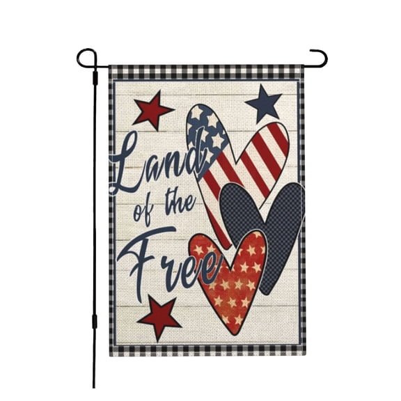 Land of The Free Garden flag for 4th of July Buffalo Plaid Patriotic Stars and Love Heart Small Yard Flags 12"x18"
