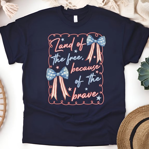 Land of the Free Because of the Brave Bow T-Shirt | Women’s Patriotic Quote Tee, Navy, Size 5XL