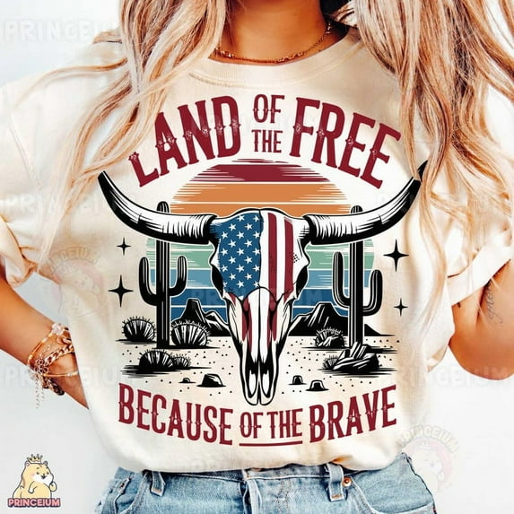 Land of the Free Because of the Brave T-Shirt, Patriotic Bull Skull Shirt, Western USA Shirt, 4th of July Shirt