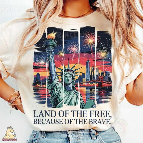Land of the Free Because of the Brave T-Shirt, Statue of Liberty Fireworks Shirt, Patriotic USA T-Shirt, 4th of July T-Shirt