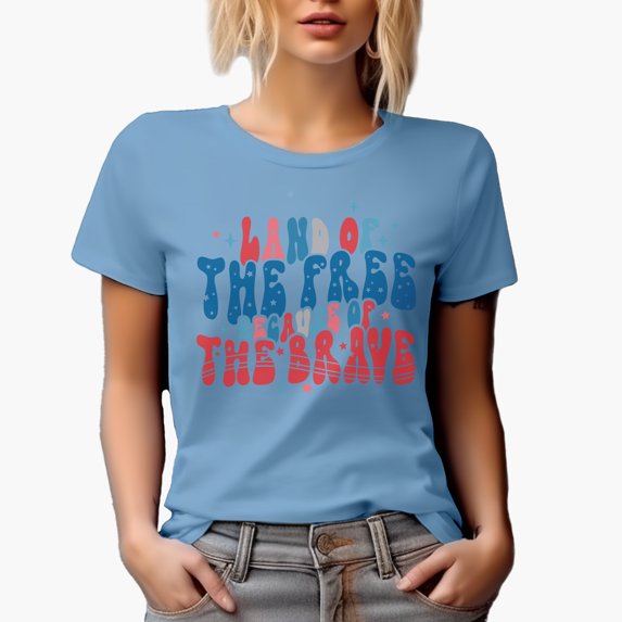 Land of the Free Because of the Brave, Wavy Text 4th of July or Veterans Day Merch Gift, Baby Blue T-Shirt, Medium