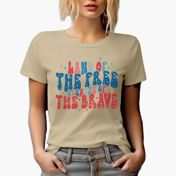 Land of the Free Because of the Brave, Wavy Text 4th of July or Veterans Day Merch Gift, Tan T-Shirt, Large