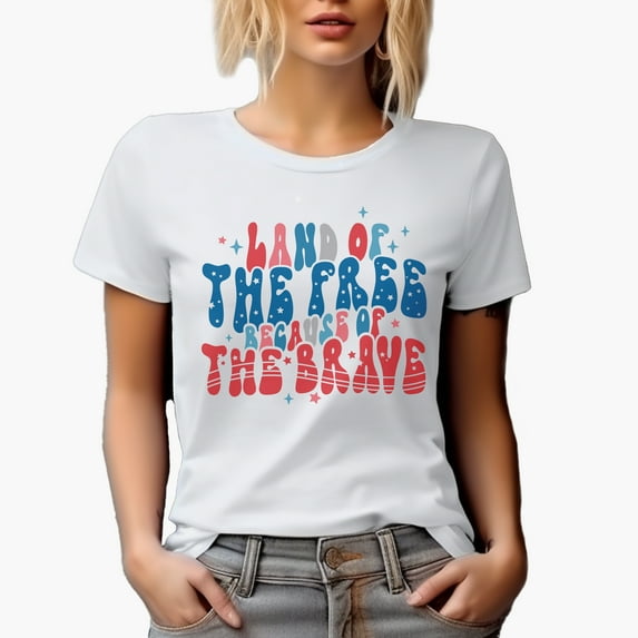 Land of the Free Because of the Brave, Wavy Text 4th of July or Veterans Day Merch Gift, White T-Shirt, XL