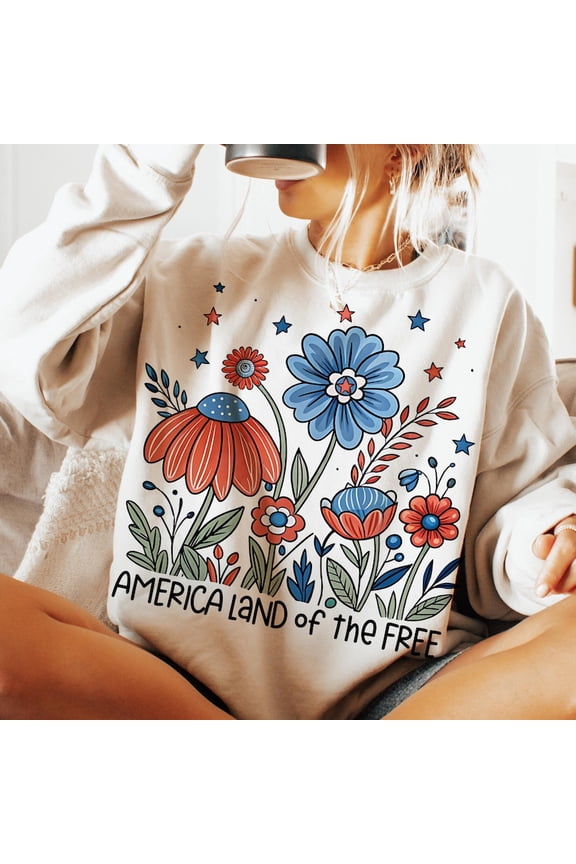 Land of the Free Boho Style Sweatshirt, Preppy Floral America Sweatshirt, 4th of July Sweatshirt, America Checkered Sweatshirt, USA