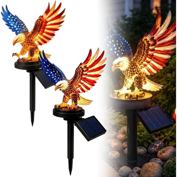 Land of the Free Eagle Solar Light, Personalized Solar Eagle Garden Light, Solar Eagle Garden Light with Stake, Red, White, And Blue, Metal