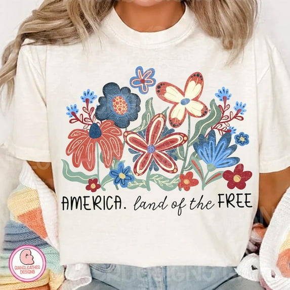 Land of the Free T-Shirt, Floral America 4th of July Tee, Memorial Day USA Shirt for Women, Patriotic Brushstroke Summer Shirt