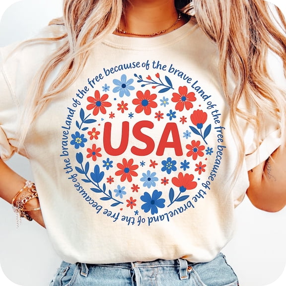 Land of the Free T-Shirt – Preppy Floral USA Graphic for Patriotic Moms on Memorial Day or 4th of July