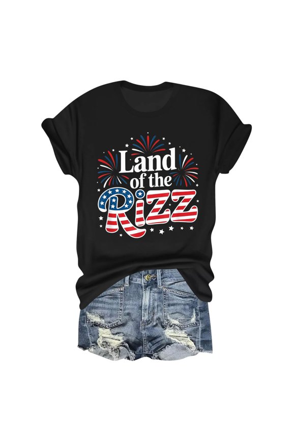 Land of the Rizz T-Shirt – Patriotic Fireworks and Stars Design – Celebration of Charisma – Perfect for Festive Gatherings
