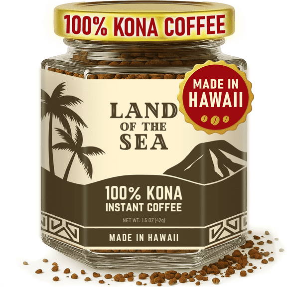 Land of the Sea PREMIUM KONA COFFEE 100% - Hawaiian Instant Coffee (1 Pack | 22 Serv.) - Medium Roast, Freeze Dried - Low Acid Arabica Coffee, 1.5 oz