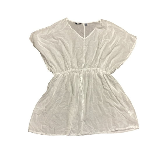 Land's End Women's Short Sleeve Gathered Waist Cover Up Dress (White, M/L)