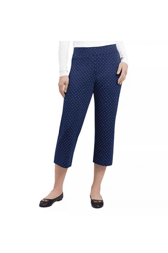 Land's End Womens Shore Stretch Knit Capri Navy Polka Dot Medium