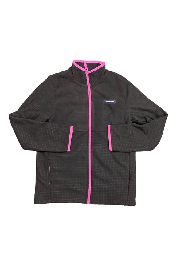 Land's End Youth Girl's Long Sleeve Full Zip Grid Fleece Jacket (Black/Verbena, XL (14/16))