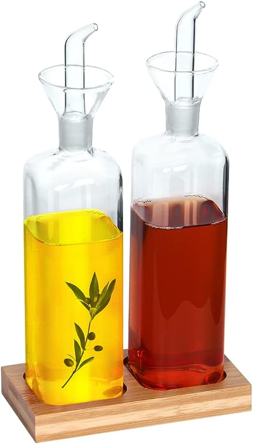 LandHope Glass Olive Oil Dispenser with Bamboo Vanity Tray Set for
