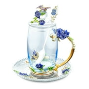 LandHope Glass Tea Cup Handicraft 3D Vintage Flower Cup with Lid Coaster&Tea Spoon 350ml Blue