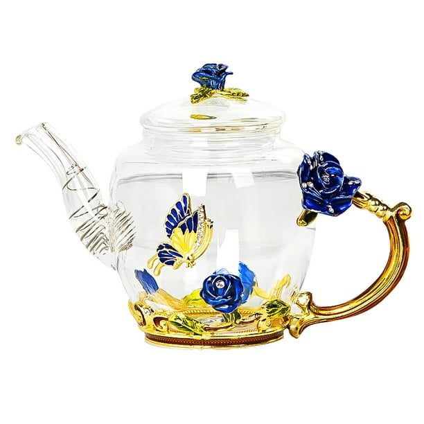 LandHope Glass Teapot Blue Rose Flower Butterfly with Strainer for