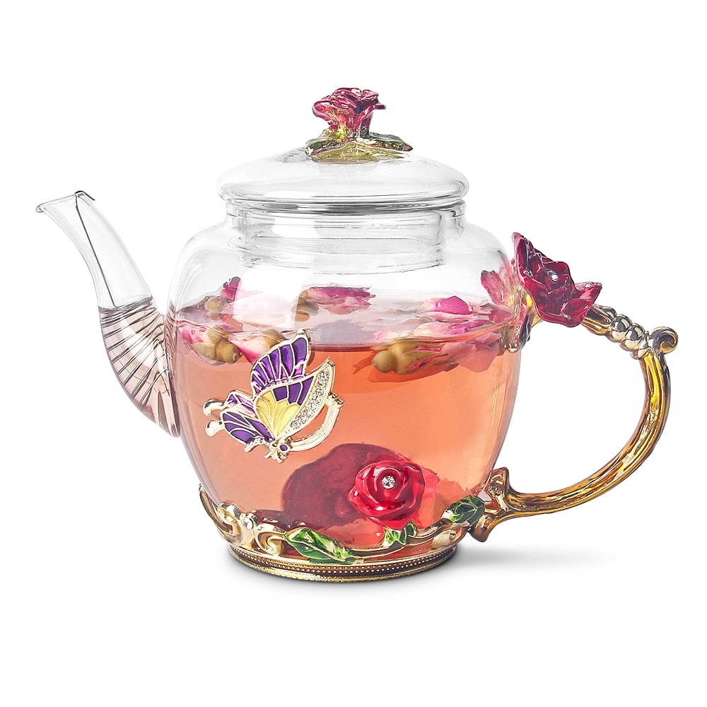 Cozyn Direct Fire Glass 1 Qt Kettle Tea Pot flower Floral w/ Handle & Spout