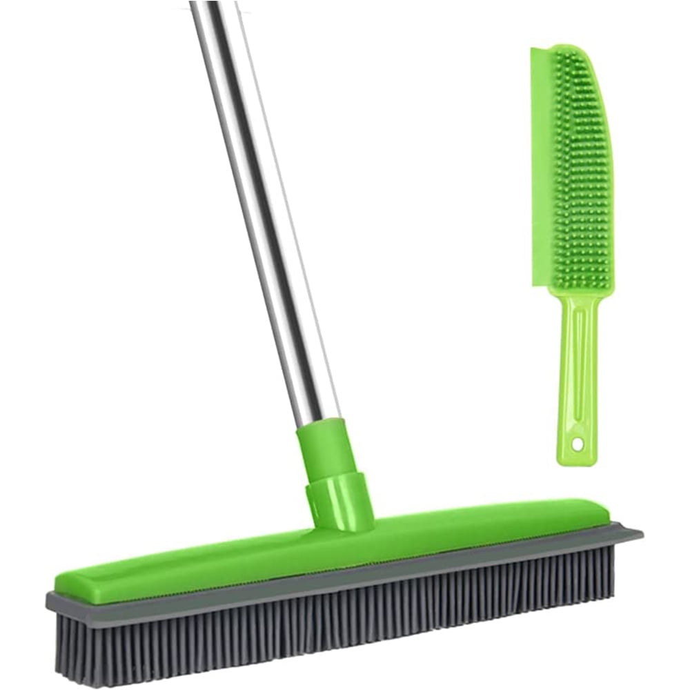Landhope Rubber Broom for Clean Indoor&Outdoor,50'' Handle Carpet Rug Rake & Pet Massage Brush,Green