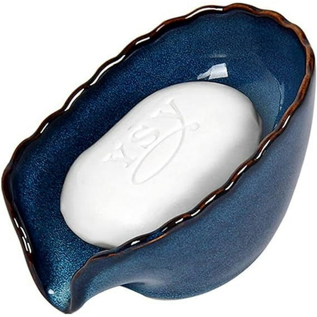 LandHope Ceramic Blue Leaf Soap Dish Decorative SelfDraining Holder