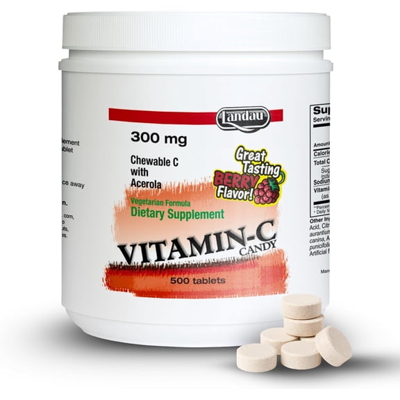 Landau 300mg Chewable Vitamin C Candy for Kids & Adults  Easy-to-Take Vitamin C Supplement with Acerola  Kosher & Made in The USA  Great Tasting Berry Flavor, 500 Tablets