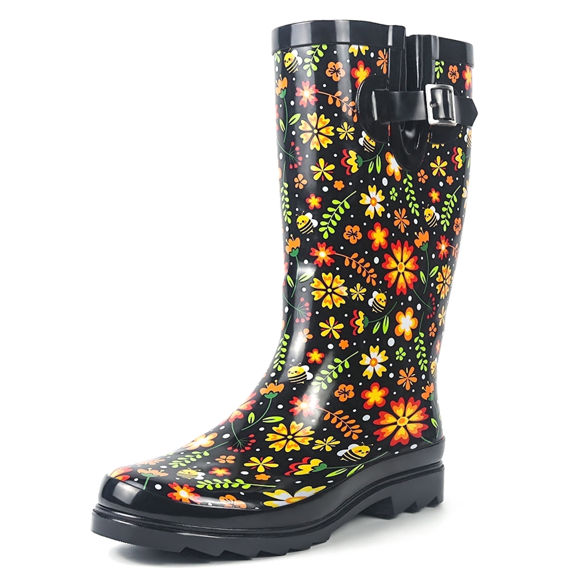 Landchief Women's Tall Waterproof Rubber Rain Boots for Garden, Size 11,Black Floral