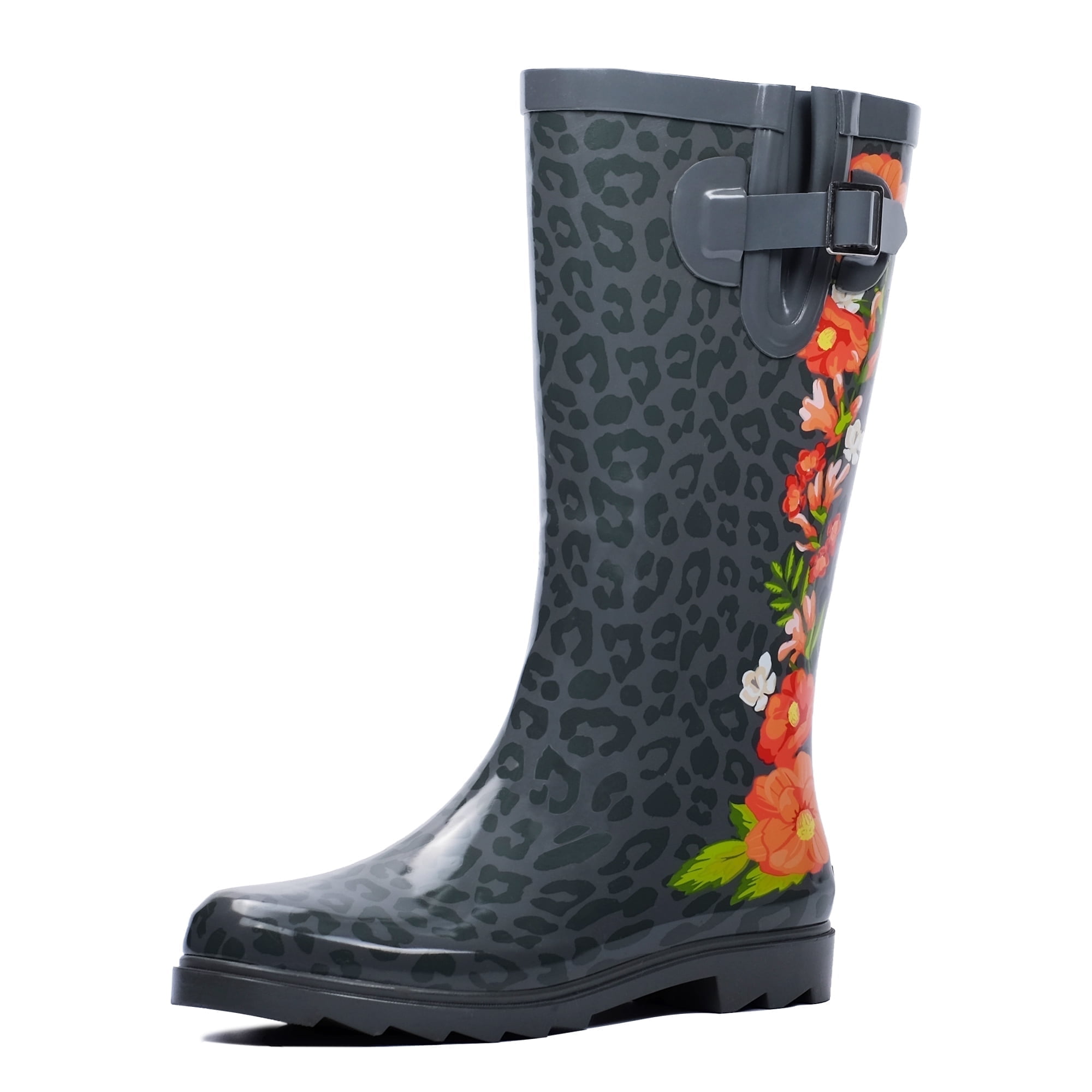 Landchief Women's Tall Waterproof Rubber Rain Boots for Garden, Size 7, Red Flowers