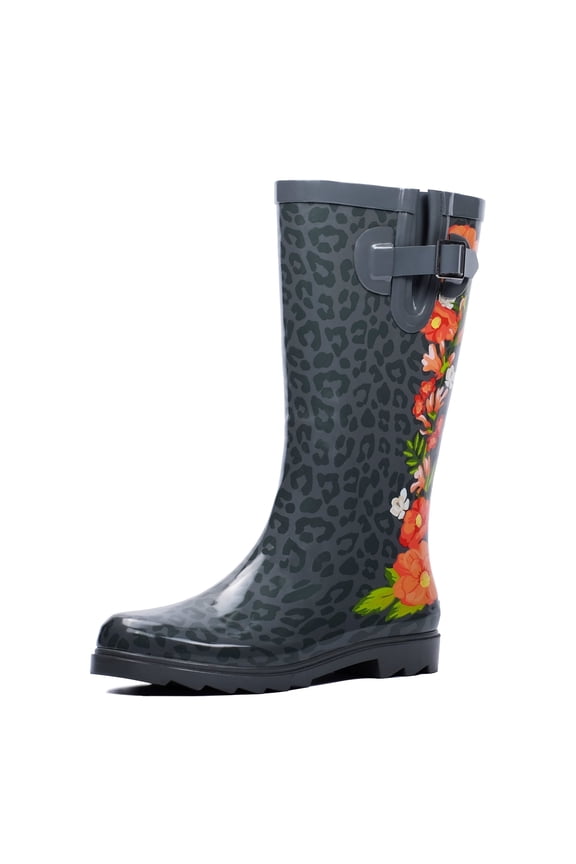 Women's Tall Waterproof Rubber Rain Boots for Garden, Size 7, Red Flowers