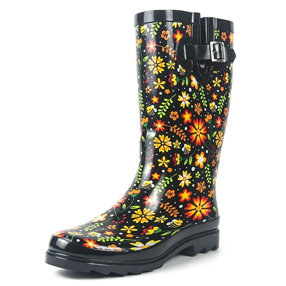 Landchief Women's Tall Waterproof Rubber Rain Boots for Garden, Size 8, Black Floral