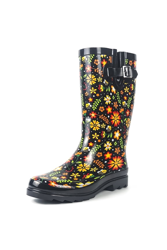 Women's Tall Waterproof Rubber Rain Boots for Garden, Size 8, Black Floral