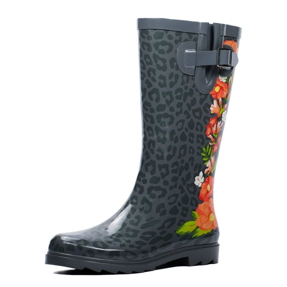 Landchief Women's Tall Waterproof Rubber Rain Boots for Garden, Size 9, Red Flowers