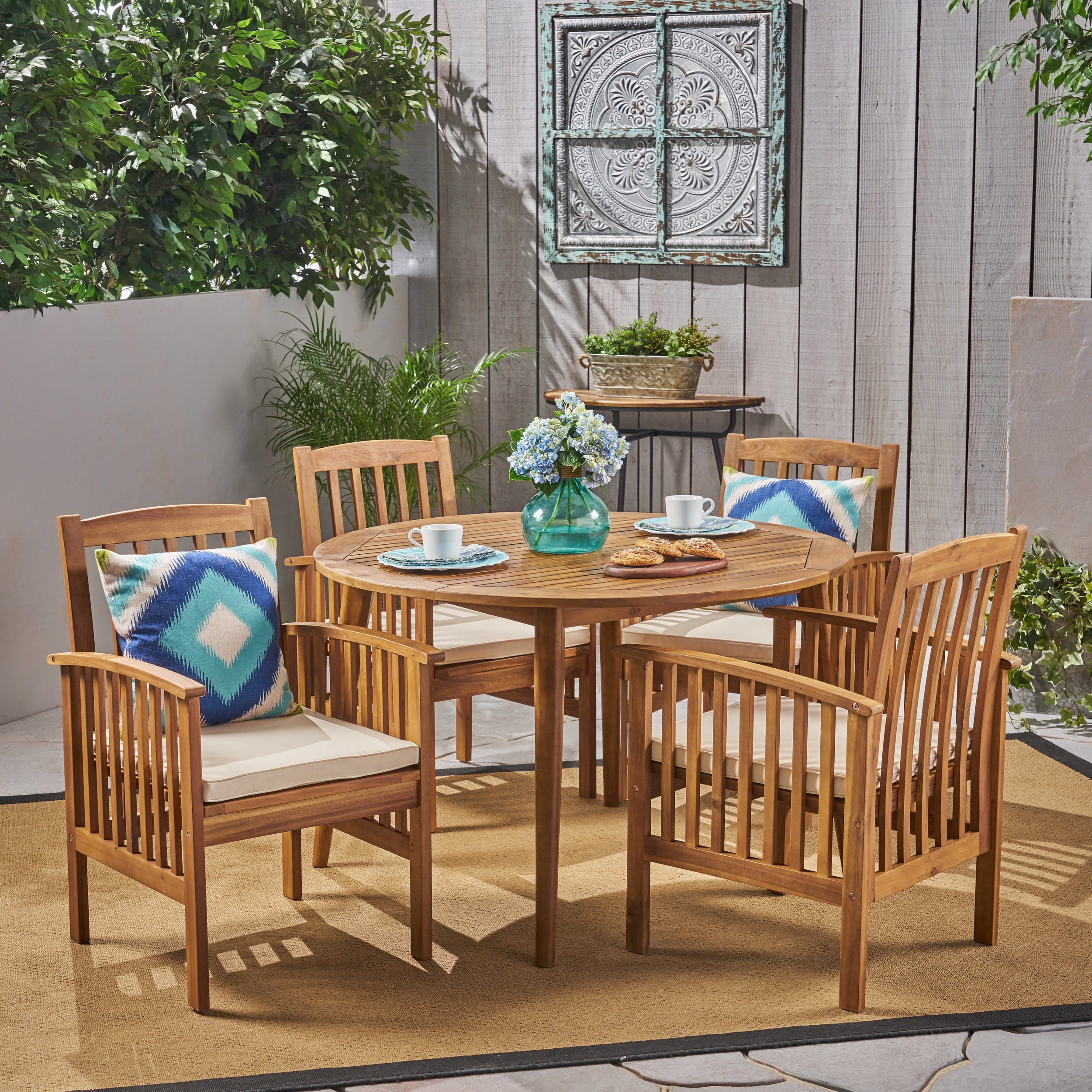 Landen Outdoor 5 Piece Acacia Wood Dining Set with Cushions and 47 Inch Round Table with Straight Legs, Teak, Cream