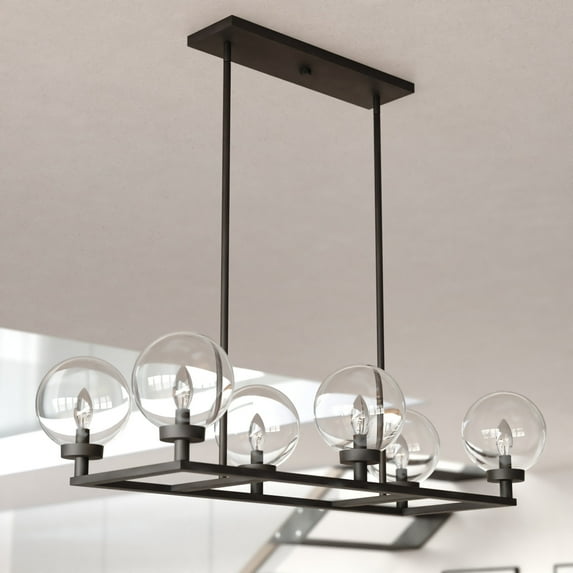 Lander 6 Light Matte Black Linear Chandelier Island Pendant Fixture with Clear Glass Globes