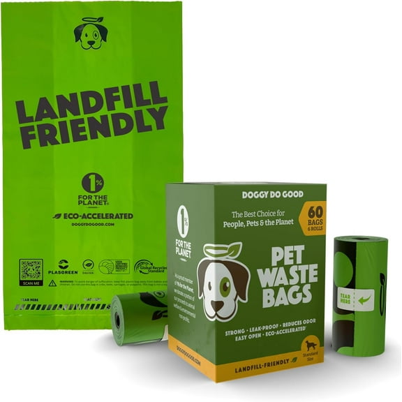 Landfill-Friendly Poop Bags | Dog Waste Bags Made with 50% Recycled Plastic + 15% Biobased Material | Unscented, Thick, Leak-Proof, Easy Open | Standard Size | 60 Count