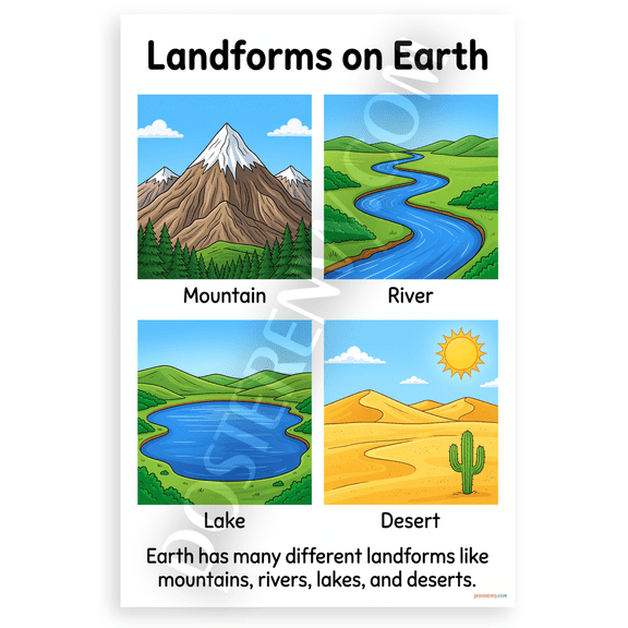 Landforms on Earth Mountains Rivers Lakes Deserts Educational 12x18 US Made Poster