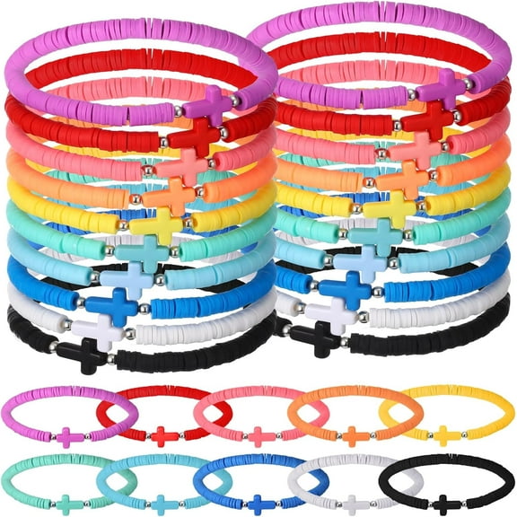 Landical 30 Pcs Cross Bracelets Bulk Jesus Bracelets Handmade Elastic Colorful Clay Bead Religious Wristbands Christian Wristbands for Women Kids Sunday Christmas Halloween Non Candy Treat