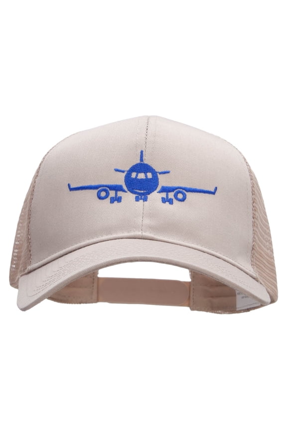 Landing Airplane Embroidered Solid Cotton Prostyle Twill Mesh Cap - Khaki OSFM