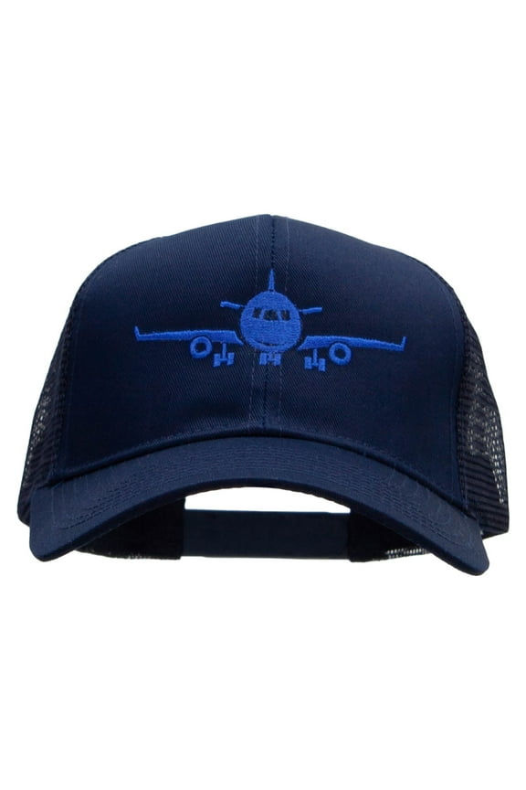 Landing Airplane Embroidered Solid Cotton Prostyle Twill Mesh Cap - Navy OSFM