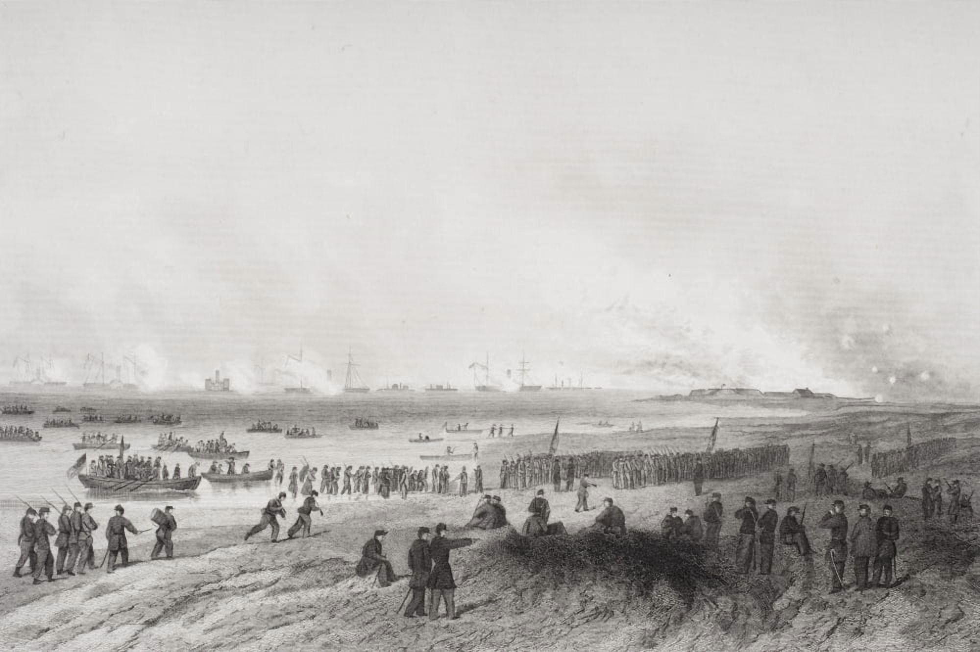 Landing The Troops During Bombardment Of Fort Fisher North Carolina 1864 From Painting By Alonzo Chappel Canvas Art - Ken Welsh Design Pics (34 x 22)